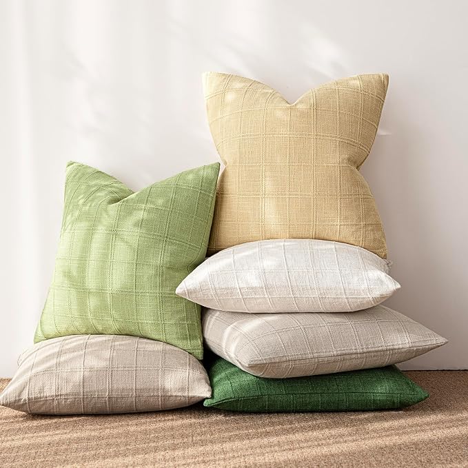 Foindtower Set of 2 Decorative Linen Check Throw Pillow Covers Neutral Farmhouse Vintage Cushion Covers Modern Coastal Boho Home Decor for Sofa Chair Couch Bedroom Living Room,26×26 Inch,Light Yellow