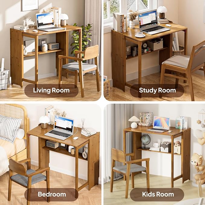 Bamboo Folding Desk for Small Spaces, Small Computer Foldable Desk, Brown | Space Saving Desk for Bedroom Home Office, Mid Century Sofa Table for Couch, Writing Work Office Desk