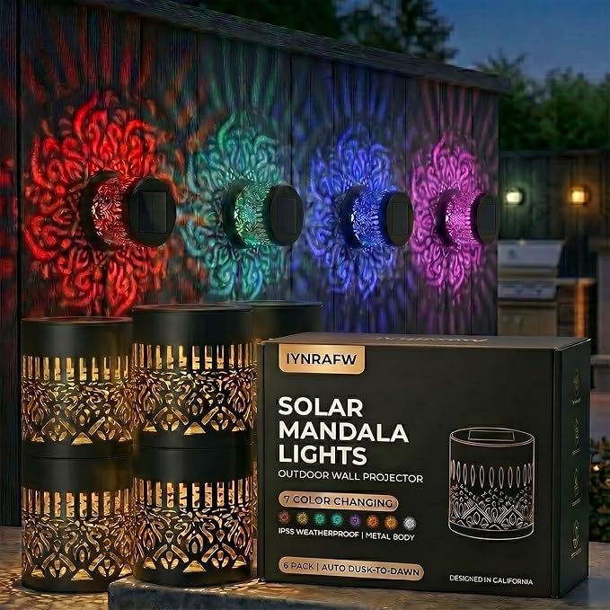 Solar Mandala Lights Outdoor Wall Projector Metal 7 Color Changing IP65 Waterproof Decorative Mounted Wireless Night Lighting for Yard Patio Fence Deck Pathway Garden Decor and Holiday Gifts
