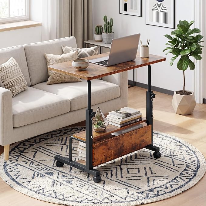 OLIXIS Rolling Desk, Storage Shelves, Laptop Table, Home Office | Height Adjustable Design, Computer Desks on Wheels, Portable for Small Spaces Use, Rustic Brown