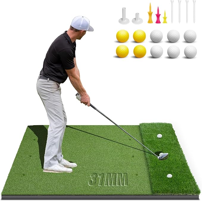 Dual-Turf Golf Mat 31mm: 6x4ft/5X5ft Extra Large Golf Hitting Mats Practice Outdoor Indoor, High-Density Artificial Turf Matt for Garage Simulator Chipping Driving Training, Ideal Gifts for Men Dad