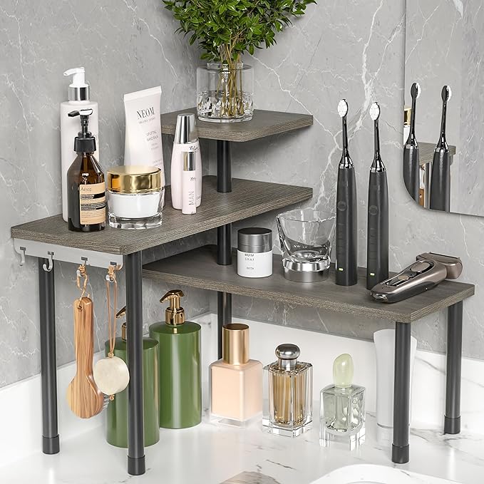 ZHWS Kitchen Countertop Organizer, Bathroom Counter Organizer, Adjustable 3 Tier Corner Shelf with 4 Metal Hooks for Counter Organize, Spice Rack, Makeups, Coffee Station Bookshelf (Rustic Grey)