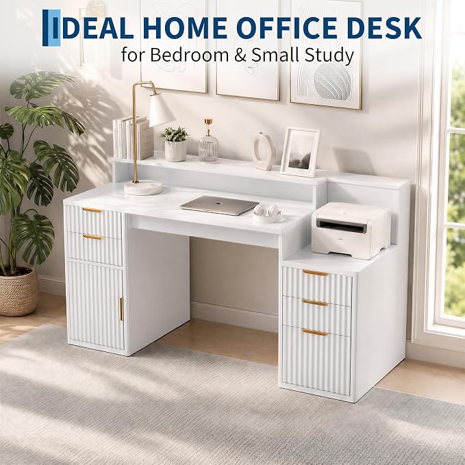 Garvee Rectangular Computer Desk with Hutch & Printer Stand, Ripple Door Storage Home Office Desk, Space-Saving Study Writing Desk for Bedroom, Sturdy Board Student Desk with Easy Assembly, White
