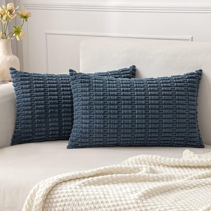 MIULEE Pack of 2 Corduroy Decorative Lumbar Throw Pillow Covers 20x12 Inch Soft Boho Striped Pillow Covers Modern Farmhouse Home Decor for Summer Coastal Sofa Living Room Couch Bed Blue
