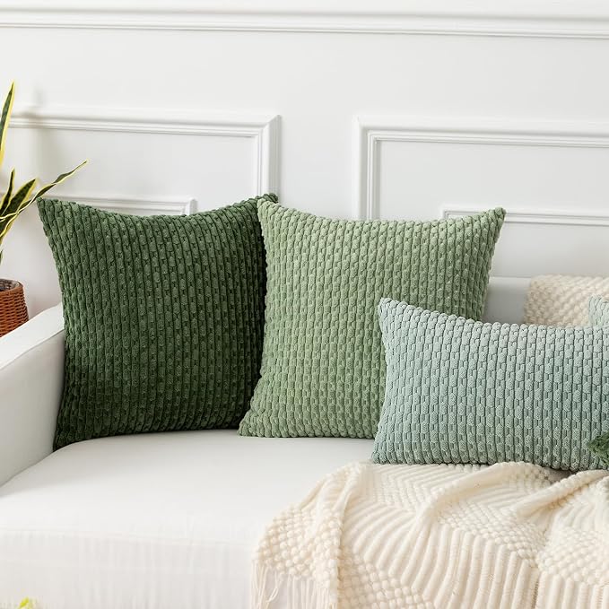 Kevin Textile Soft Corduroy 14"x22" Lumbar Pillow Cover 1 Pack, Grey Green | Boho Stripe Plush Corduroy Decorative Oblong Cushion Cover Modern Farmhouse Home Decor for Sofa Couch Bed Chair