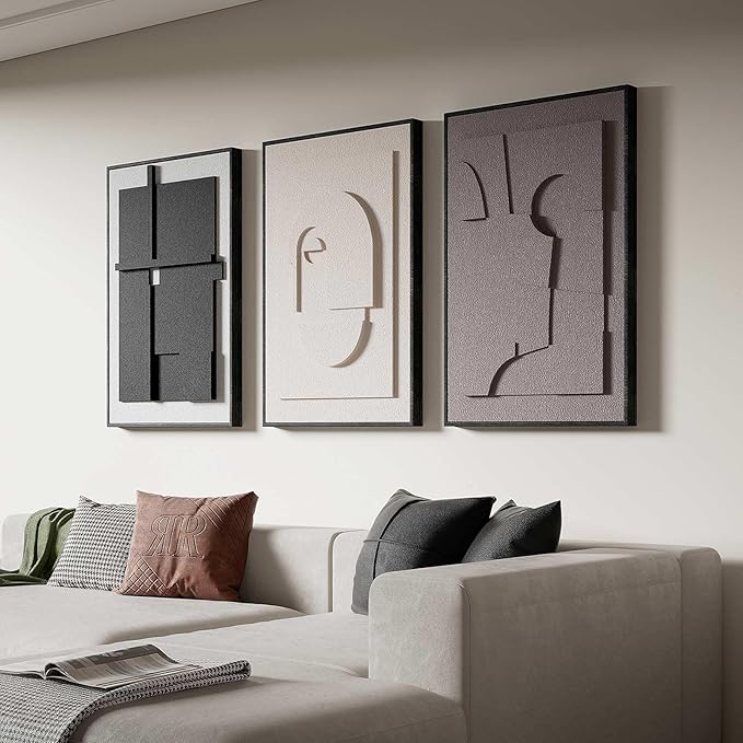 Thalasse Modern Abstract Wall Art Framed 3D Earth Tone 20x30 In | Textured sculpture artwork, minimalist geometric cubist, living room home office dining room, 3 piece set