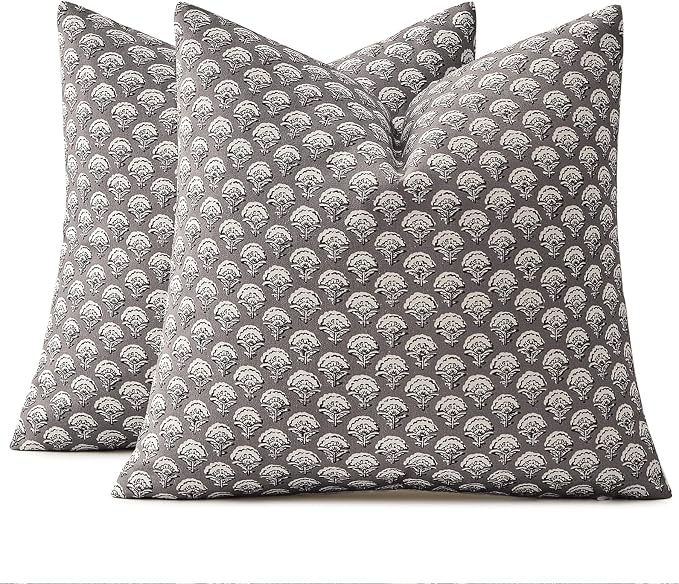 MIULEE Floral Print Decorative Pillow Covers 20x20, Stone Grey | Vintage Boho Farmhouse Modern Home Decor, Set of 2, Block Print Cushion Covers for Couch Sofa Bed Living Room