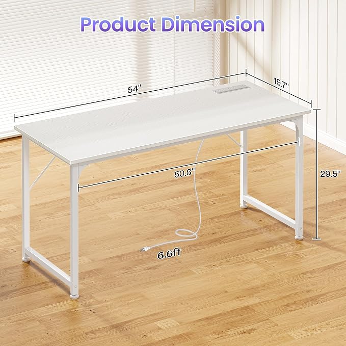 PRAISUN 55 X 20 Inch Computer Desk, Power Outlets, USB-C, White | Office Desk with 4 AC Outlets, USB & USB-C, Sturdy Metal Frame, Spacious Desktop for Work, Writing, Study & Gaming