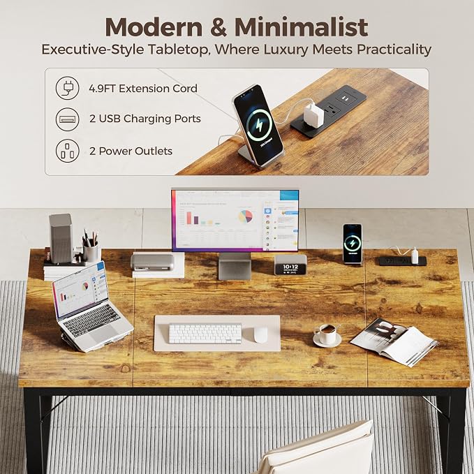 Mericonia 63x28 Inch Computer Desk w/Power Outlets, 1.2" Thick Office Table | Modern Simple Style, Heavy Duty Industrial Frame, Large Study & Writing Table for Home Bedroom Work, Brown