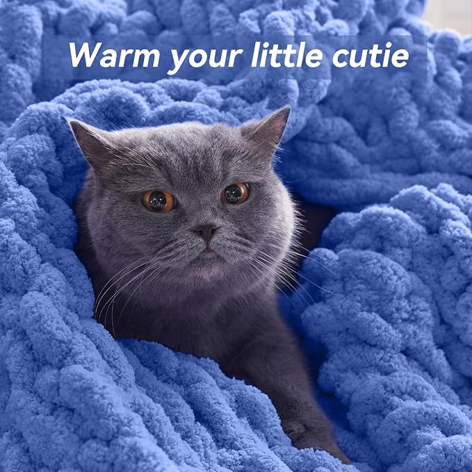 Negwoo Chunky Knit Throw Blanket, Knitted Throw Chenille Yarn, 30"*40" | Soft Thick Cable Knitted Blankets, Handmade Big Thick Blanket, Machine Washable Cute Comfy Blanket for Home Decor, Light blue