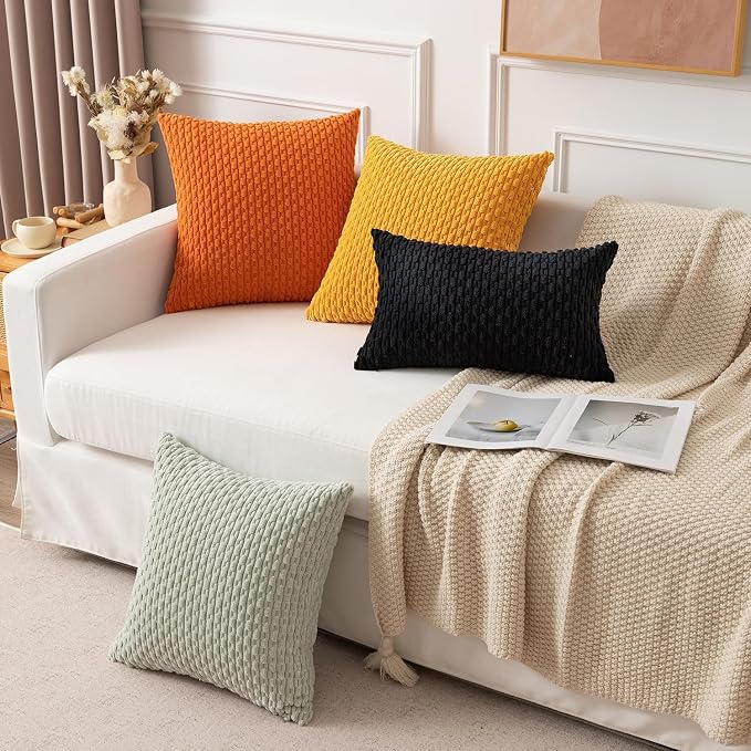 Kevin Textile Soft Corduroy 12"x24" Lumbar Pillow Cover 1 Pack, Black | Boho Stripe Plush Corduroy Decorative Oblong Cushion Cover Modern Farmhouse Home Decor for Sofa Couch Bed Chair