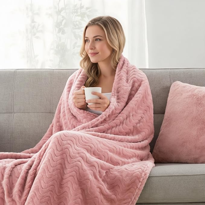 Exclusivo Mezcla Soft Fleece Blanket Queen Size for Bed, Sofa, Pink | 90"x90" Breathable Lightweight Flannel Blanket for Summer, Plush Cozy Jacquard Wave for Home Decor