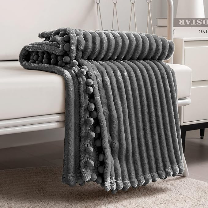 DISSA Fleece Blanket Twin Size – 60x80, Dark Grey – Soft, Plush, Fluffy, Fuzzy, Warm, Cozy – Perfect Throw for Couch, Bed, Sofa - with Pompom Fringe - Flannel Blanket Throw Blanket