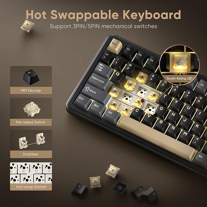RedThunder K75 Wireless Mechanical Keyboard, CNC Knob, Tri-Mode BT5.0/2.4GHz/USB-C Hot Swappable Custom, Pre-lubed Linear Coconut Switches, Gasket Structure, RGB Gaming Keyboard, Black-Gold