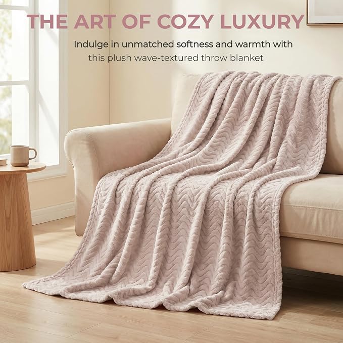 Exclusivo Mezcla Soft Fleece Blanket Queen Size for Bed, Sofa, Camel | 90"x90" Breathable Lightweight Flannel Blanket for Summer, Plush Cozy Jacquard Wave for Home Decor