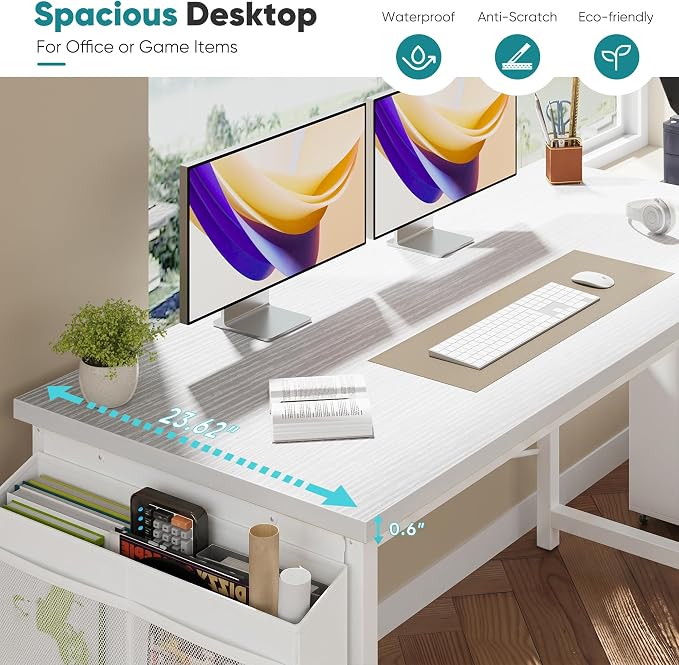 OLIXIS Computer Desk, 63 Inch Gaming Desks for Home Office Small Spaces | Writing Study Craft Work Table, Computer Workstation for Bedroom with Storage Bag, All White