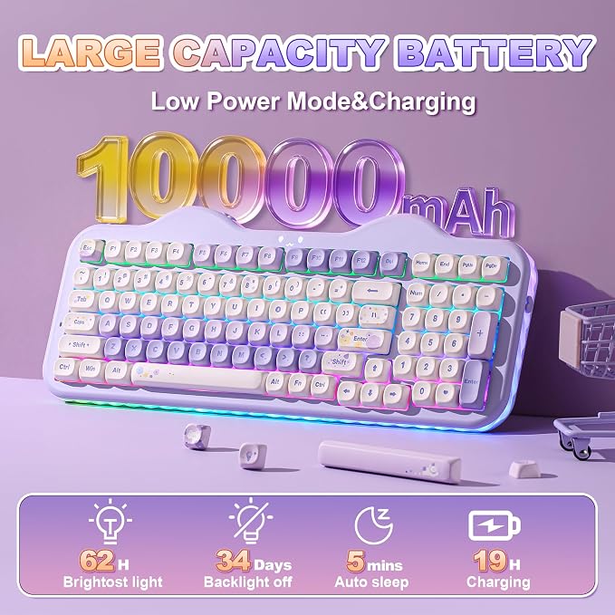 YUNZII C98 Cute Cake Wireless Mechanical Keyboard(Purple, Milk Switch) | 99 Keys with Number Pad, Hot Swap, PBT MOA Keycaps, BT5.0/2.4G/USB-C, Gasket Mount, Custom RGB Backlit for Win/Mac