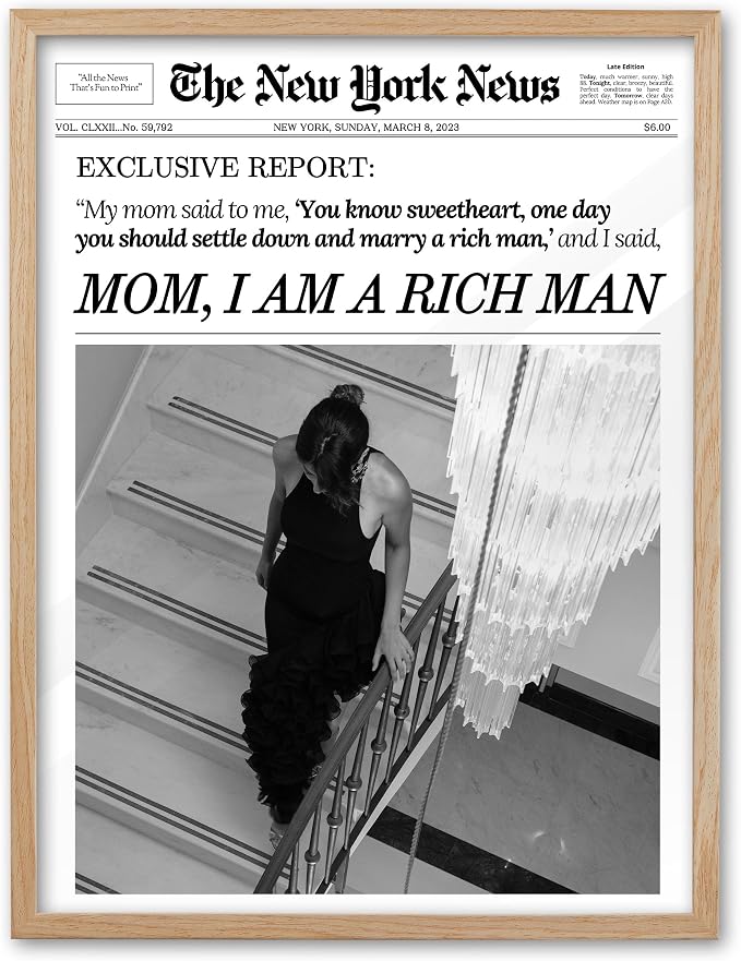 EcoHest Small 8x10 in Mom I Am a Rich Man Newspaper Framed Wall Art | Natural Oak Wood Frame, Canvas Wall Art, Girly Fashion Magazine Decor for Bedroom, Apartment, Dorm Room, College Room, 1Pack