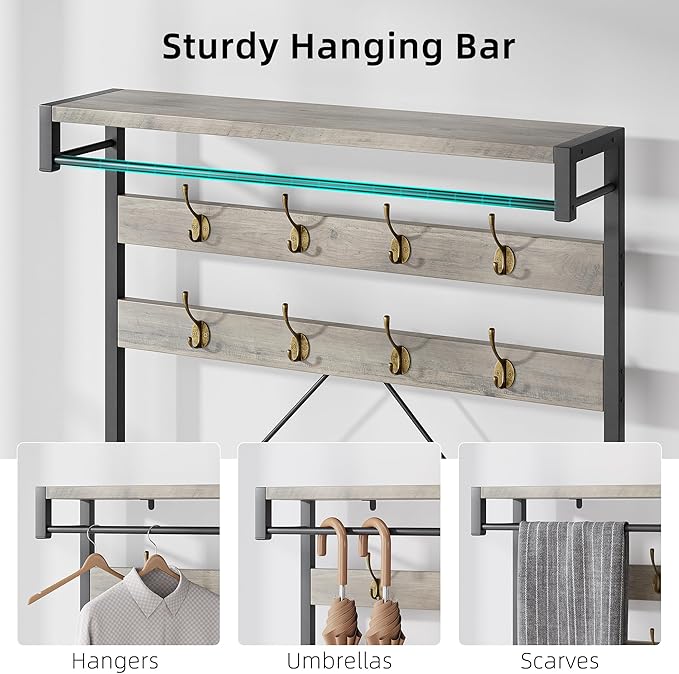 Garvee Industrial Hall Tree with Bench and Shoe Storage, Entryway Coat Rack with Shoe Rack, Mudroom Storage Hooks, Hanging Bar & Shelf, Wood Look Accent Entry Bench for Closet or Hallway, Gray
