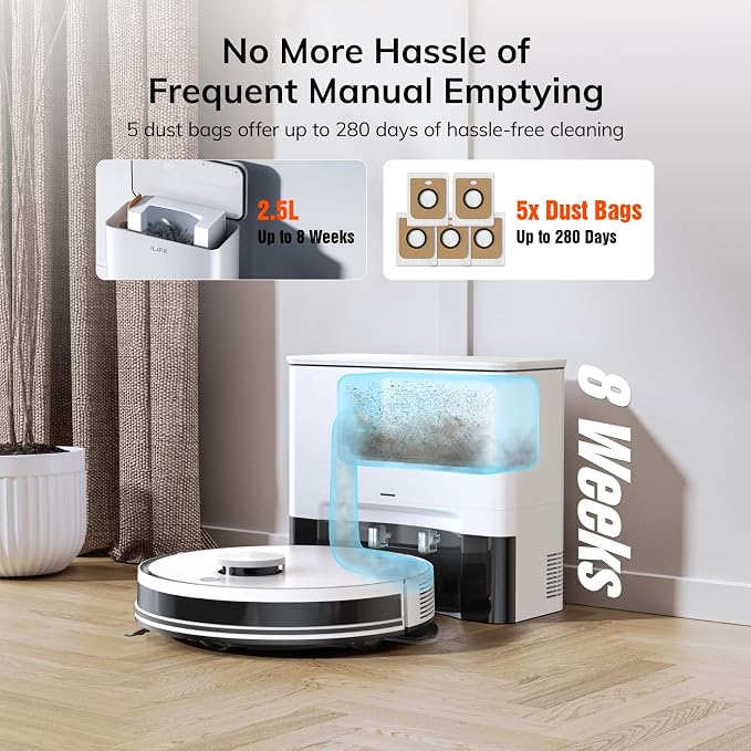 ILIFE A30 Pro Robot Vacuum and Mop,10000Pa Max Suction | 60 Days Self Emptying, LiDAR Navigation, 150 Min Max, App, Remote & Voice Control, Ideal for Hard Floors, Carpet & Pet Hair
