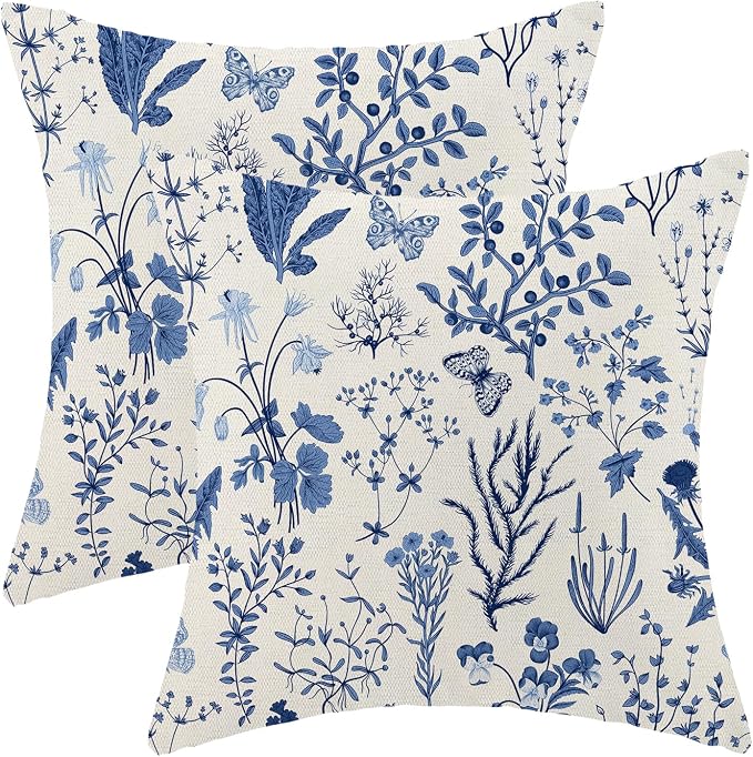 AEIOAE Summer Pillow Covers 16x16 Inch Set of 2,Navy Blue Wild Flower Plant Throw Pillows Case,Seasonal Floral Outdoor Decorative Square Linen Farmhouse Decor Cushion Covers for Home Couch Sofa Bed