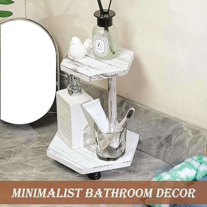 Tikea Hexagonal Wood Riser for Display, 2-Tier Wood Farmhouse Riser for Kitchen Bathroom Counter Decor, Decorative Tray for Soap Dispenser, Decorations and Plant (White)