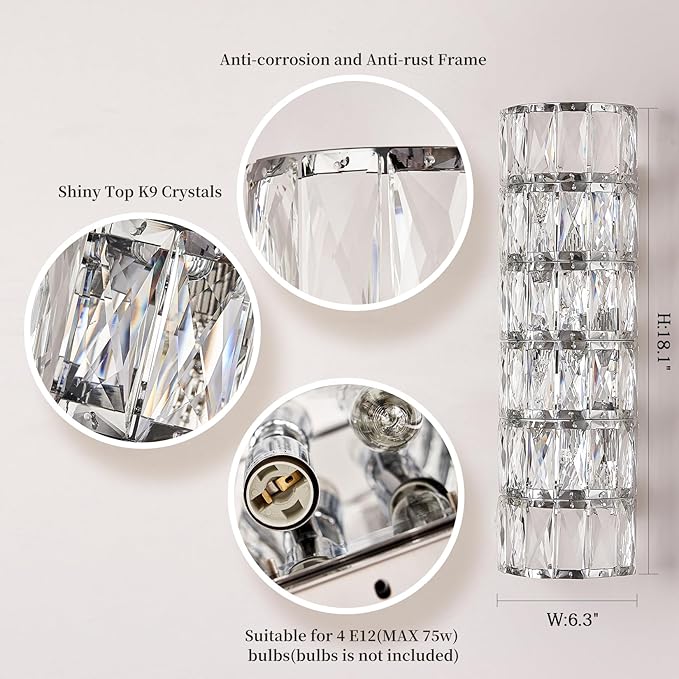 6 Layer Chrome Crystal Wall Sconce, Elegant Modern Luxury Light Fixture, Suitable for Bathroom, Stairway, Kitchen, Living Room, Bedroom, Hallway - 60W