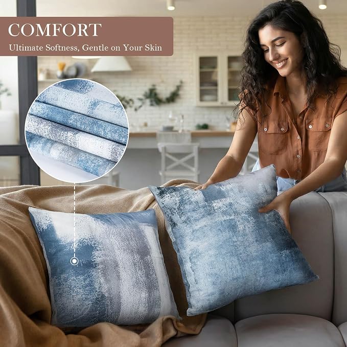 Set of 4 Blue and Grey Abstract Art Artwork Pillow Cover 18 x 18 Inch, Gallery Modern Decorative Throw Pillows Cushion Cover for Bedroom Sofa Living Room | Double-sided vibrant artwork accent cushion covers. Perfect decorative pillows for couch, sofa, ...