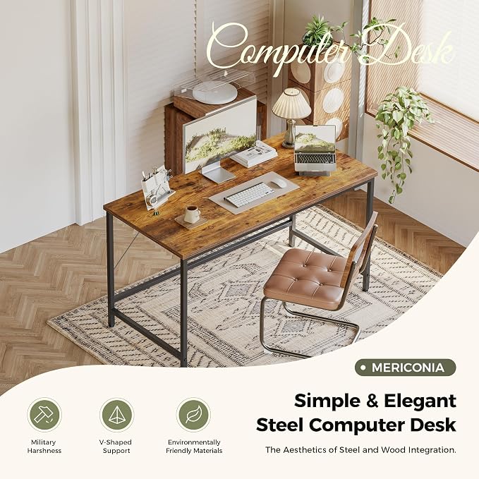 Mericonia 55x20 Inch Computer Desk, 0.6" Thick Small Office Table | Modern Simple Style, Study & Writing Table for Home Bedroom Work, Brown