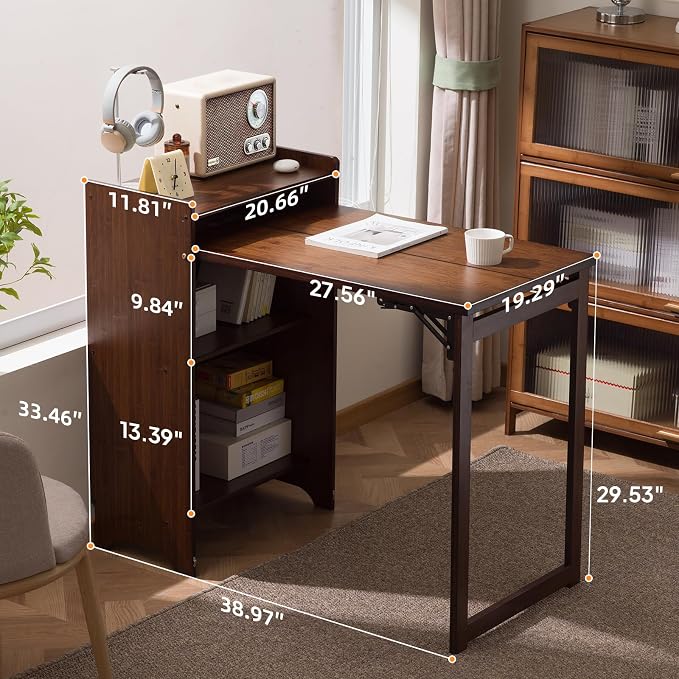 Bamboo Folding Desk with Storage, Foldable Desk for Small Spaces, Brown | Space-Saving Computer Desk with Storage, Compact Size, Writing Study Table for Home Office, Bedroom, Dorm, Apartment