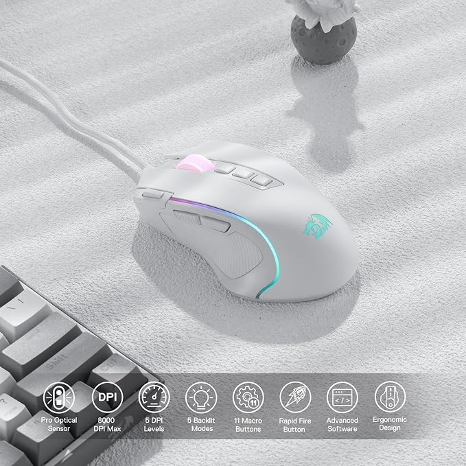 Redragon M612 Wired RGB Optical Gaming Mouse 8000 DPI Remapping Keys | Cable-Free 0 Delay, Redefine Keybinding Macro, Vibing Backlight, Ergonomic Grip Body Comfort