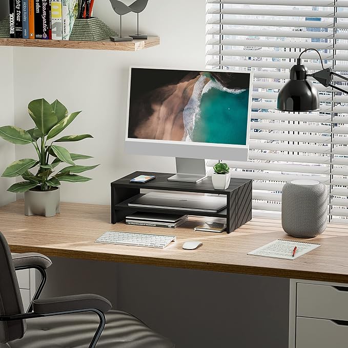FITUEYES Monitor Stand - 2 Tier Computer Monitor Riser Shelf, Wood Desktop Stand for Laptop Computer Screen, Desk Organization, Office Supplies