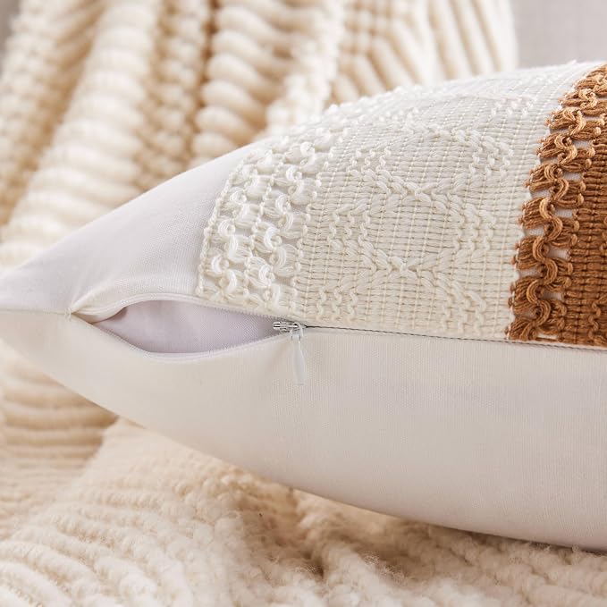 2pk Boho Pillow Covers 12x20, Natural White/Contrast/Caramel | 100% Organic Cotton Body, Stripe Embroidery, Farmhouse Decorative Cushion Covers for Sofa Bed Living Room Home Decor