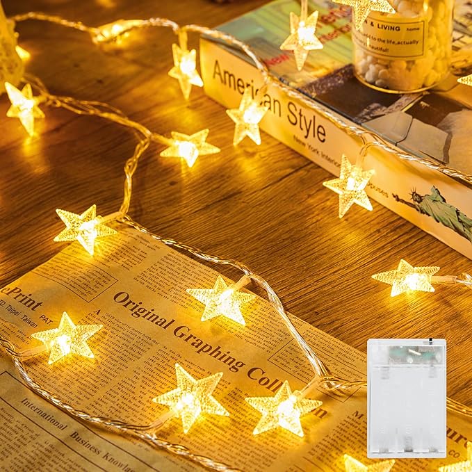 Minetom Star String Lights Battery Operated - 17 ft 50 LED Star Fairy String Lights with Timer, Waterproof for Indoor Bedroom Tent Loft Bed Patio Party Wedding Decor, Warm White