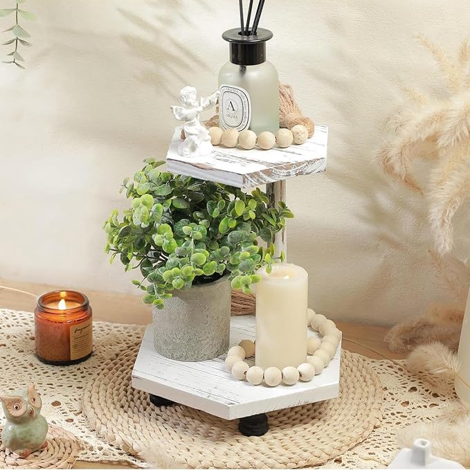 Tikea Hexagonal Wood Riser for Display, 2-Tier Wood Farmhouse Riser for Kitchen Bathroom Counter Decor, Decorative Tray for Soap Dispenser, Decorations and Plant (White)