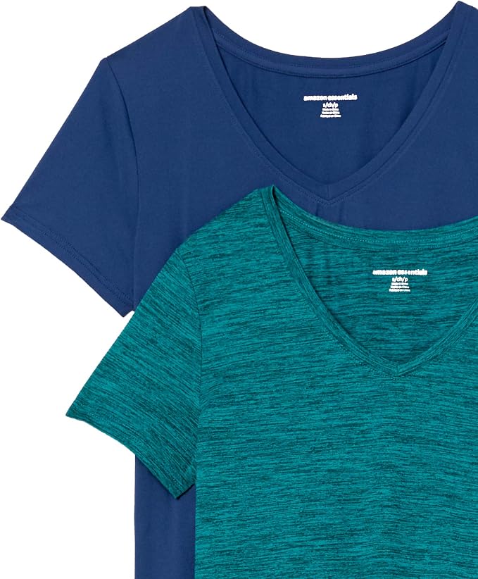 Amazon Essentials Women's Active Quick Dry Tech Stretch Short-Sleeve V-Neck T-Shirt (Available in Plus Size), Pack of 2