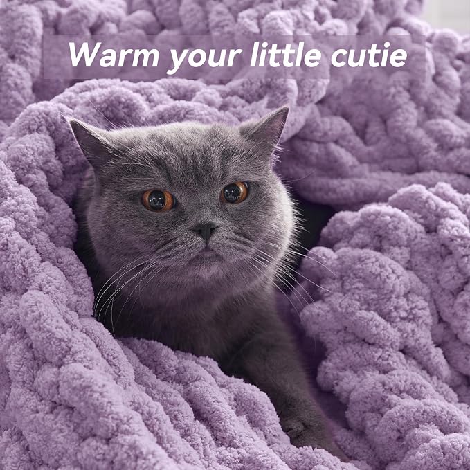 Negwoo Chunky Knit Throw Blanket, Knitted Throw Chenille Yarn, 40"*50" | Soft Thick Cable Knitted Blankets, Handmade Big Thick Blanket,Machine Washable Cute Comfy Blanket for Home Decor,Light purple