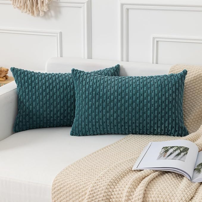 Kevin Textile Soft Corduroy 12"x24" Lumbar Pillow Cover 1 Pack, Teal Blue | Boho Stripe Plush Corduroy Decorative Oblong Cushion Cover Modern Farmhouse Home Decor for Sofa Couch Bed Chair
