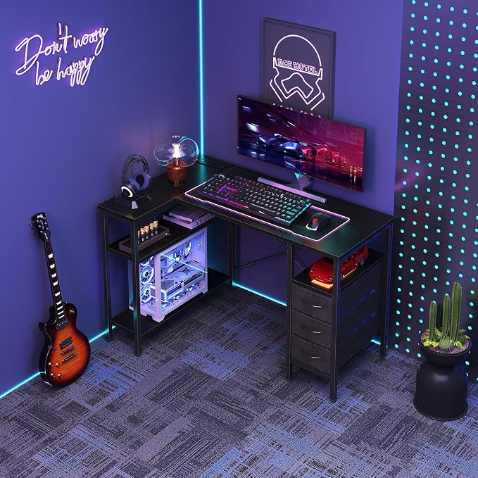 DUMOS L Shaped Desk with Drawers, Gaming Desk, 47 Inch | Power Outlet, Study Table, Adjustable Shelves, Home Office, Corner Computer Workstation, Bedroom, Black