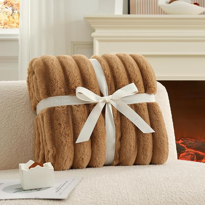 Cozy Bliss Faux Fur Throw Blanket for Couch, Cozy Warm Plush Striped Blanket for Sofa Bedroom Living Room, 60 * 80 Inches Toasty Brown