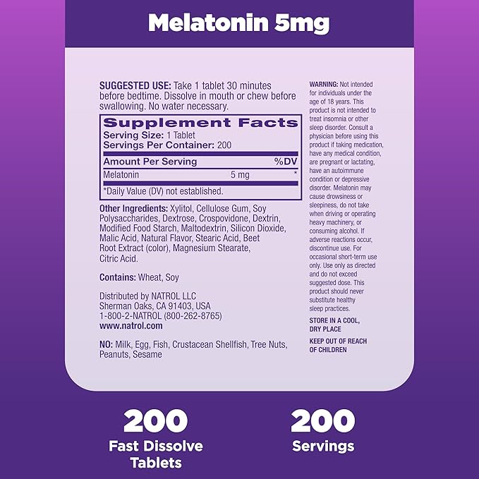Natrol Melatonin 5mg Fast Dissolve Tablets, Sleep Support Supplements for Adults, Strawberry Flavor, 200 Tablets, Up to 200 Day Supply