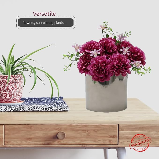 WGVI Silver Ceramic Cylinder Vase Width 6.5" Height 6", Flower Arrangements, Candle Holder, Terrarium Planter Pot, Storage Container Organizer, Pen Brush Holder, Smooth Silver Tabletop Decor, 6 Pc