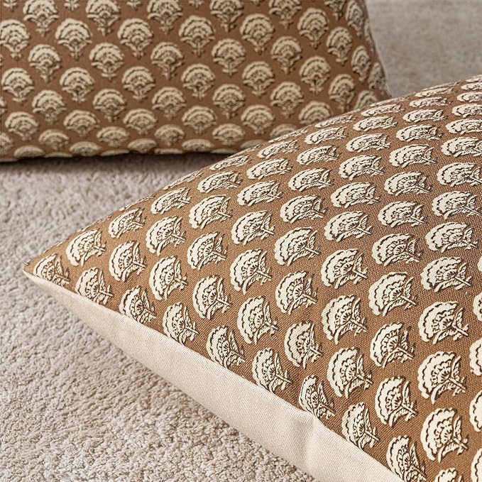 MIULEE Floral Print Decorative Pillow Covers 18x18, Cognac | Vintage Boho Farmhouse Modern Home Decor, Set of 2, Block Print Cushion Covers for Couch Sofa Bed Living Room