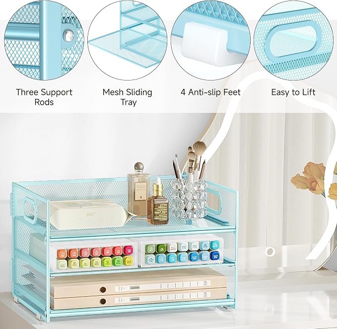 Subekyu 3 Tier Paper Desk Organizer with Handle and 1 PC Slideable Letter Tray, A4 Paper File Folder Sorter Metal Mesh Organizer for Home Office School Desk Supplies Organization Storage, Blue