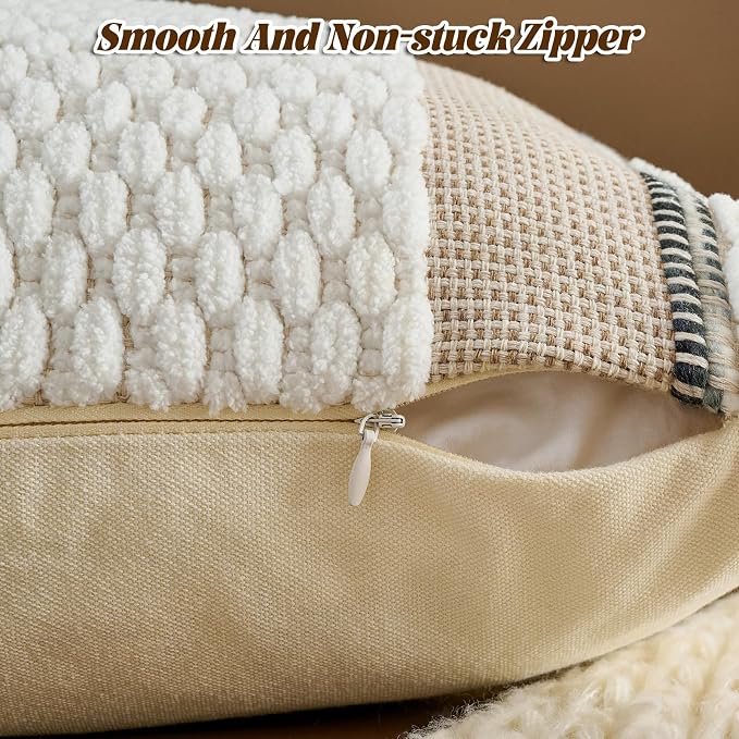 Set of 2 Chenille Striped Textured Boho Throw Pillow Covers Aesthetic with Tassels Woven Decorative Pillow Case for Couch Bed Sofa Bedroom Modern Funky 18 x 18-Inch White