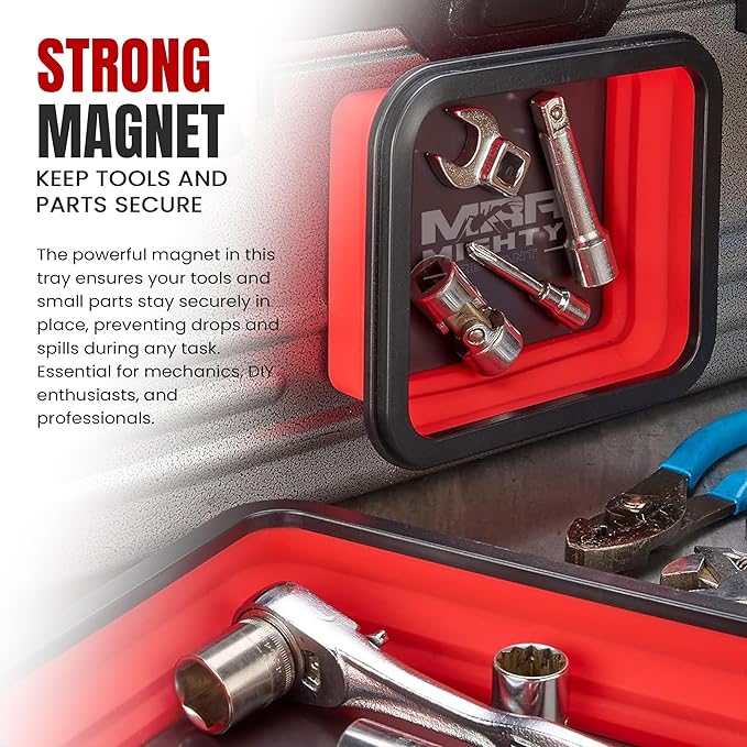 Magnetic Parts Tray Set 3-Pack - Collapsible Silicone Magnetic Tray with Strong Base - Multi-Size (Red)
