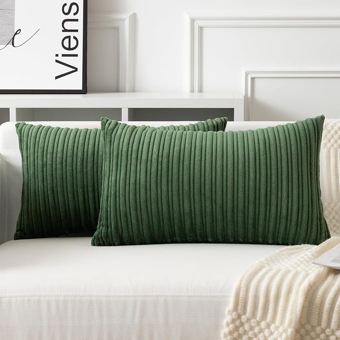 UGASA 14x24 Inch Pillow Cover Pack of 1 Soft Boho Stripe Corduroy Long Rectangular Lumbar Cushion Cover Farmhouse Decorative Throw Pillowcase for Bed, Couch, Sofa, Bedroom, Living Room, Moss Green