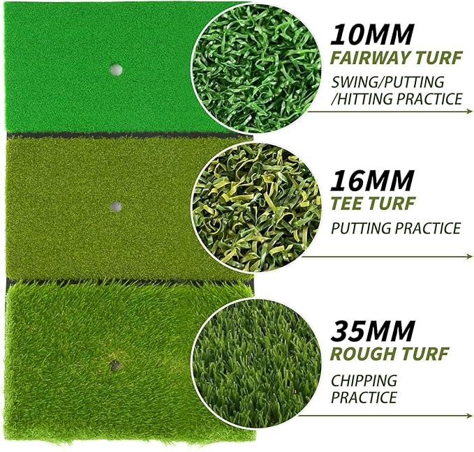 Jkwokback 3-in-1 Golf Hitting Mat | Turf Golf Practice Mat for Swing, Putting & Chipping | Portable Golf Mats Practice Indoor/Outdoor Golf Hitting Mat with 8 Tees Golf Training Mat