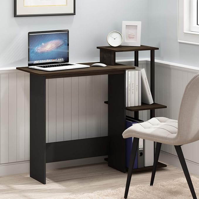 Furinno EFFICIENT Desk, 28.6" Wide Gaming Desk with 3 Open Side Shelves, Laptop Notebook Computer Desk, Office Desk for Home Office, Study Room, Dorm, Bedroom, Columbia Walnut