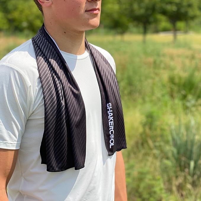 SHAKEitCOOL Extended Size Cooling Towel – Be Cool in Style - Heat Relief, Soft, Lightweight, Sun Protection, Easy Clean - Perfect for Biking, Hiking, Running, Yoga, Golf, Gardening - Carbon Fiber M